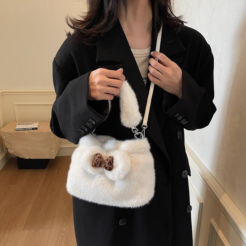 Cute Girls Bow Knot Plush Handbag Korean Ladies Winter Soft Fluffy Shoulder Bag With Top Handle Faux Fur White Crossbody Bag