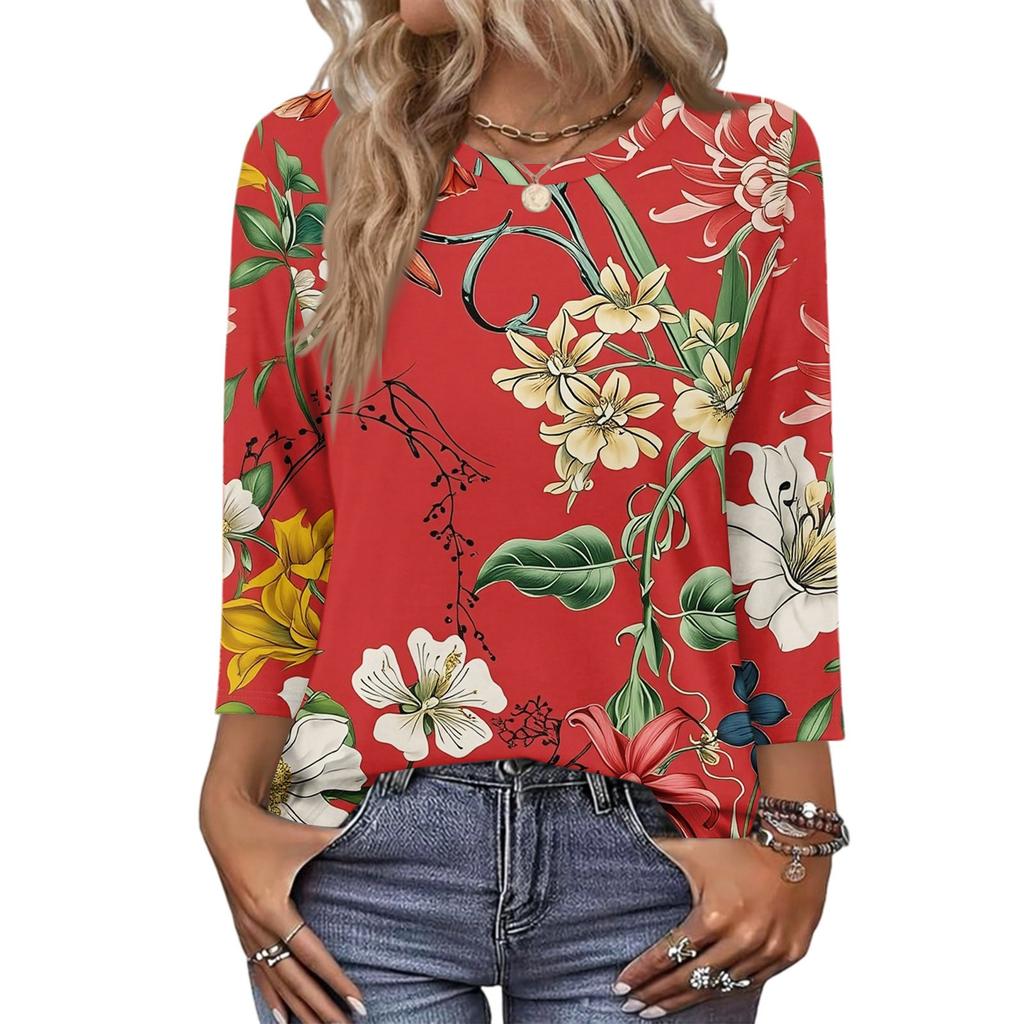 343/4 Sleeve Shirts For Women Cute Print Graphic Tees Blouses Casual Plus Size Basic Tops Pullover