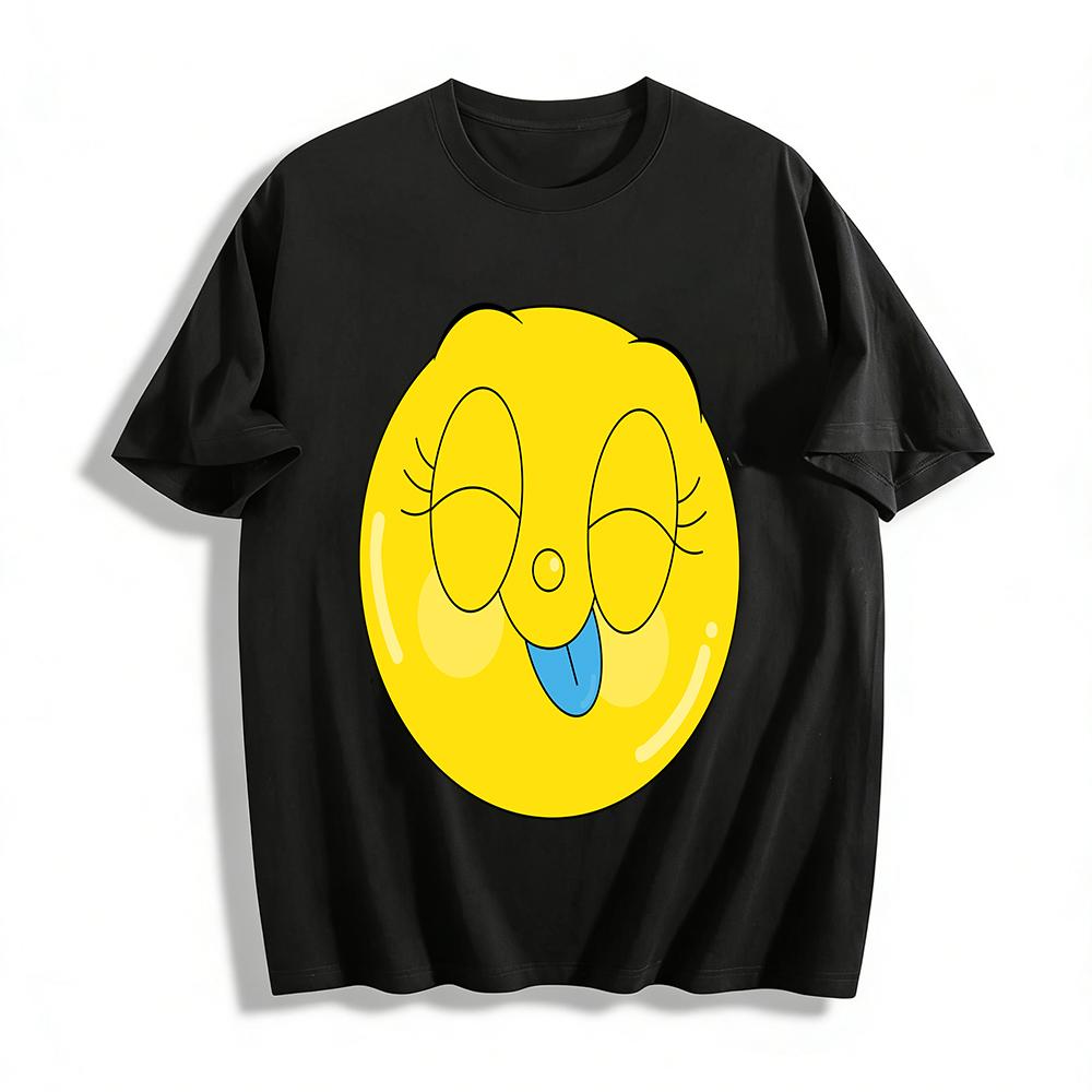 Funny Tongue Out Winking Smile Face Print Casual T-Shirt Unisex Breathable Crewneck Top Pure Cotton T-shirt