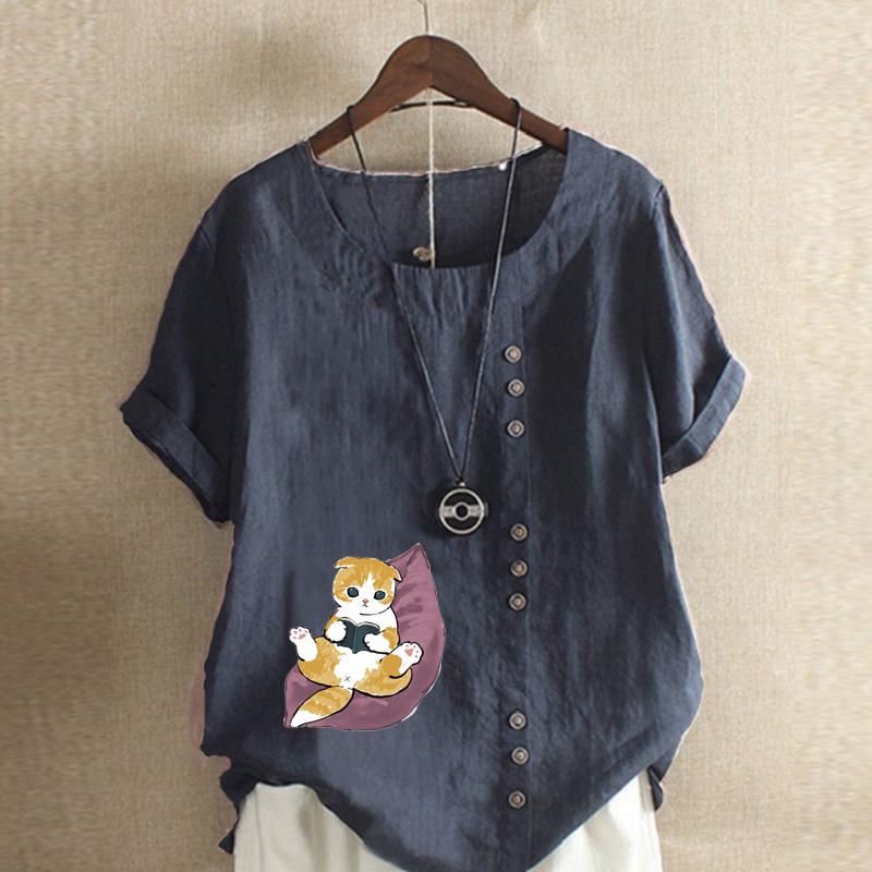 Moda feminina bonito gato impresso manga curta camiseta solta algodão camisa casual solto verão blusa tops plus size
