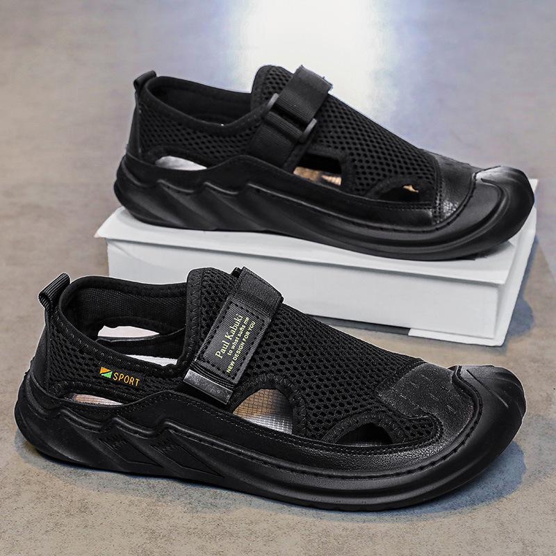 Men's 2024 Summer Genuine Leather Mesh Sandals - Breathable Soft Sole Casual Beach Shoes