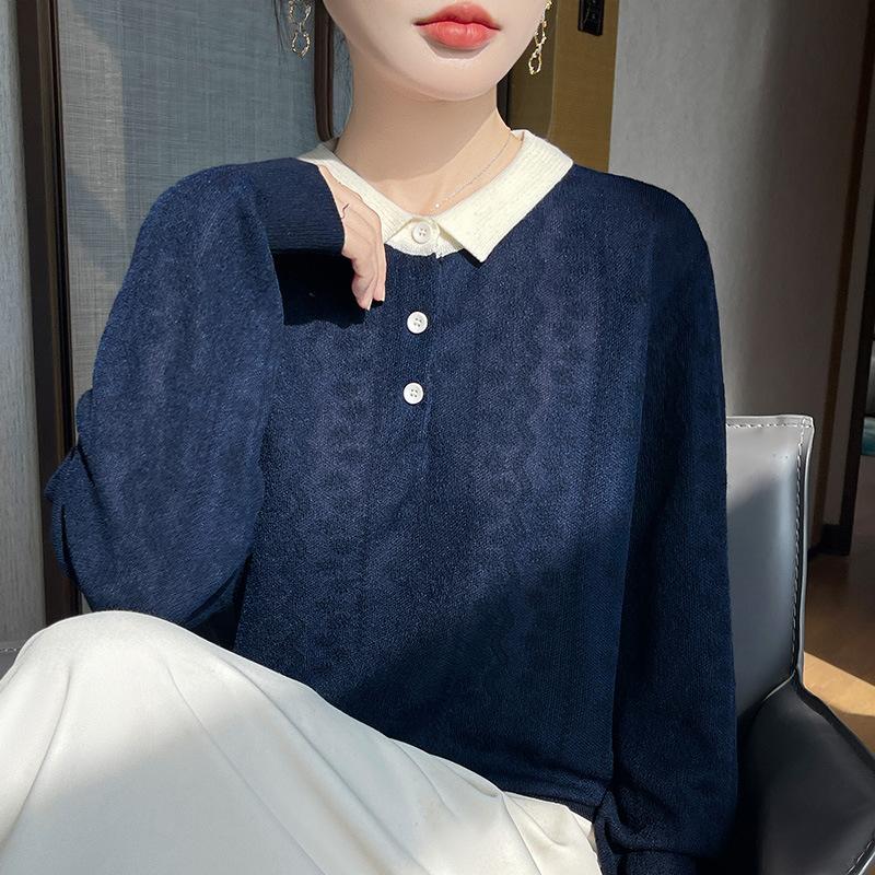 New Spring Autumn New Style Jacquard Knit Undershirt Inner Top Contrast Color Lapel Fashionable Women's Pullover Sweater