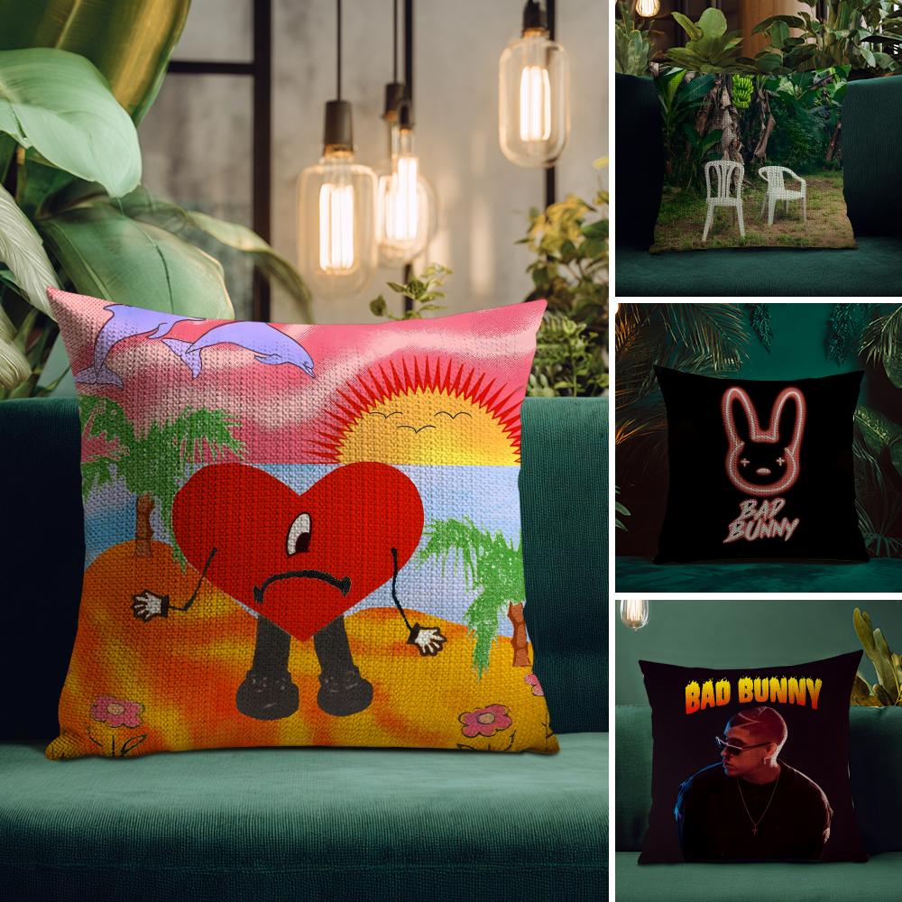 BBad BunnyY Singer Cushion Cover Natural Linen Pillow Case DoubleSided Print Decorative Sofa Pillowcase Home Decor Gift