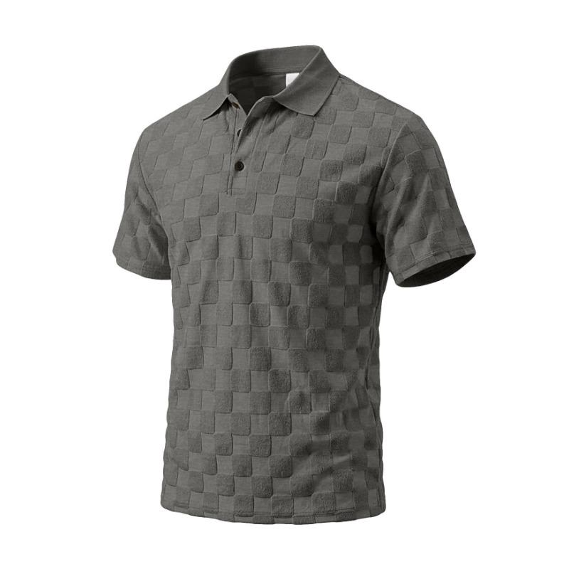 Mens Casual Check Jacquard Short Sleeve Collared Polo Shirt Breathable Loose Summer T-Shirt