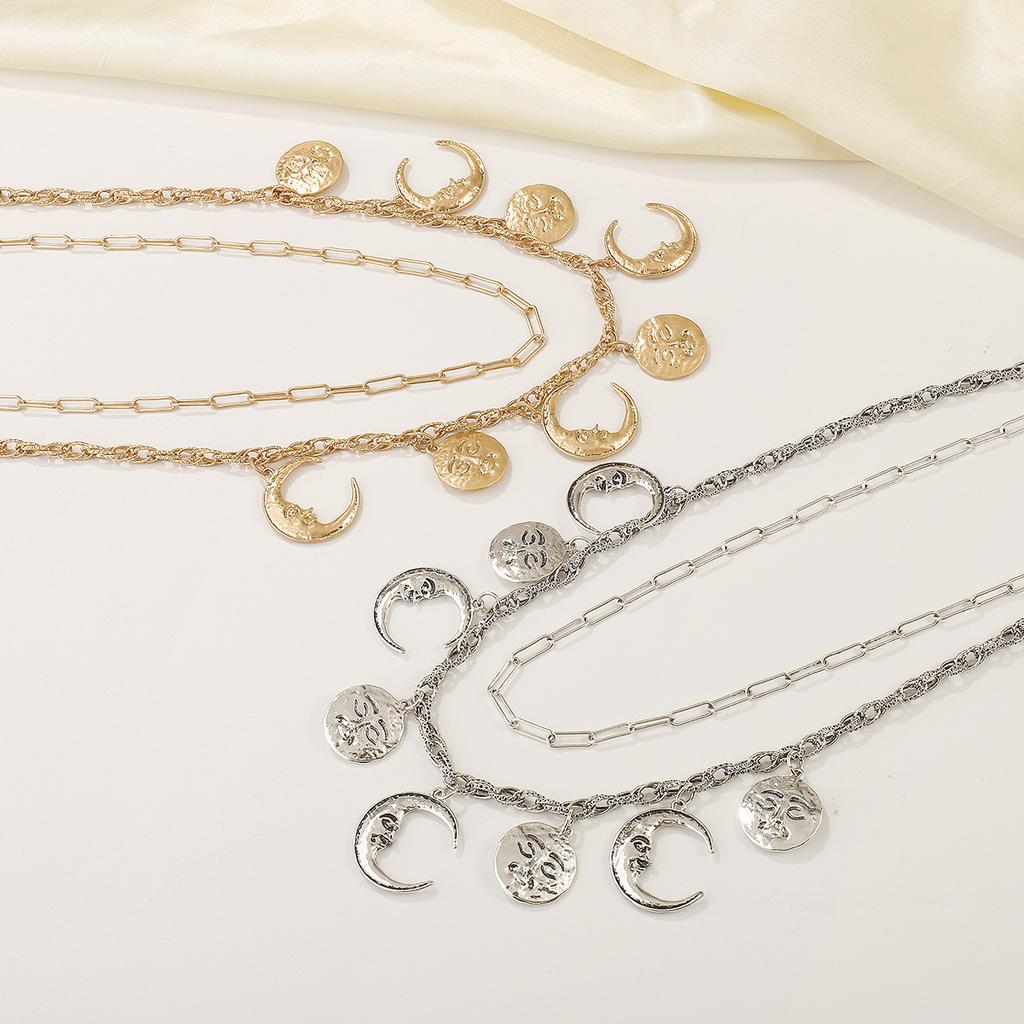 Women European Retro Relief Portrait Sun Moon Necklace Minimalist Personality Double Layer Chain Choker