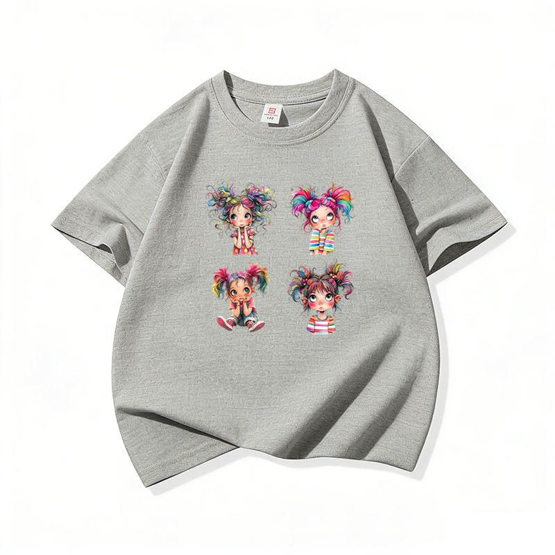 Rainbow Pigtail Girl Graphic Tee Kids 100 Cotton Crew Neck Casual T Shirt Short Sleeve Breathable Tops For Boys Girls Children
