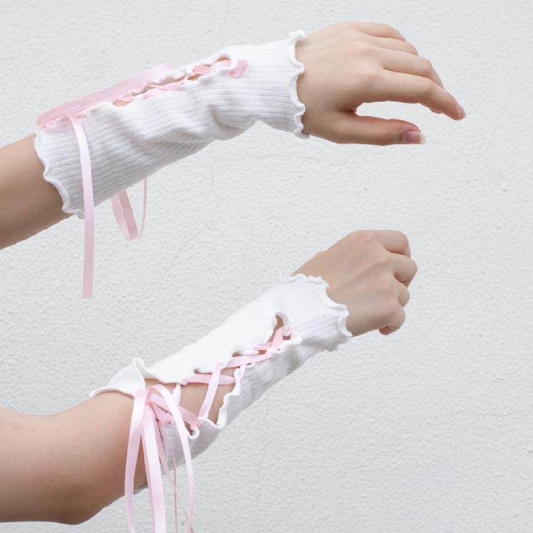 Gothic Frilly Fingerless Gloves Lace-Up Ribbon Ribbed Knit Arm Warmers for Women