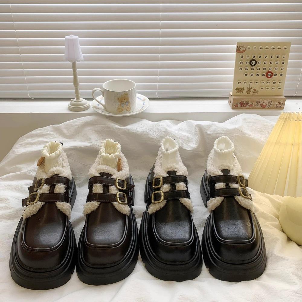 England Style Women's Large Size Padded Thickened Winter Warm Fur One Snow Boots Padded Lining Ankle Boots Non-slip Hiking Sports Cotton Boots