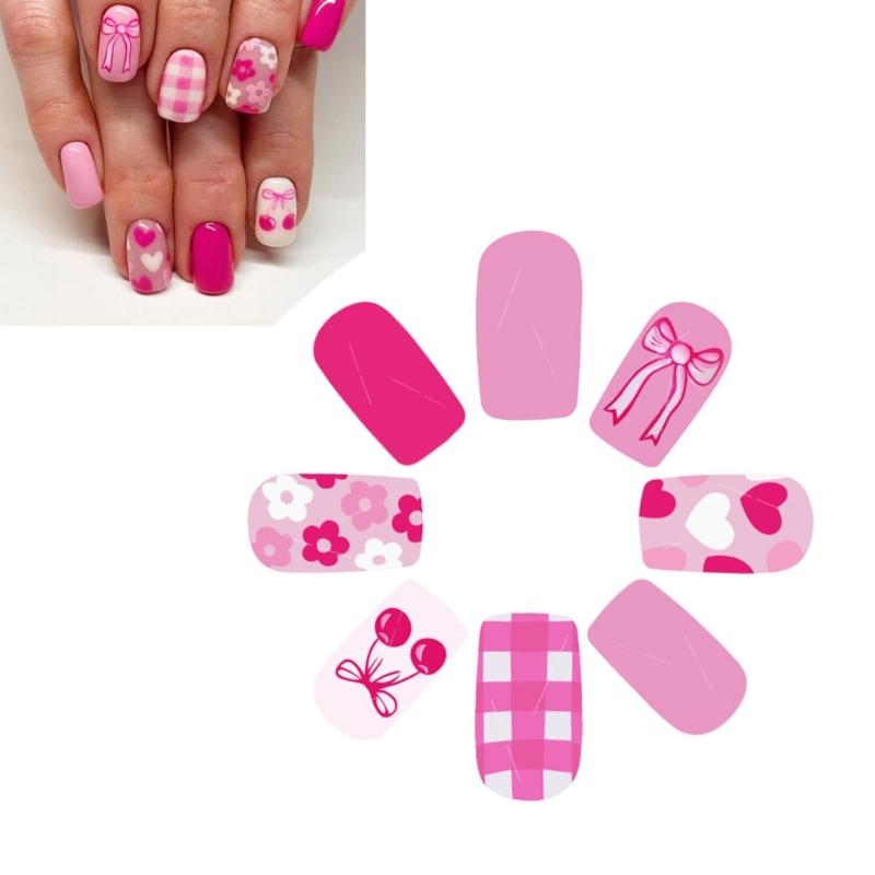 24pcs Short Square Press On Nail Glossy Colorful Flower Acrylic Nail Stick On Nail For Women And Girls DIY Manicure