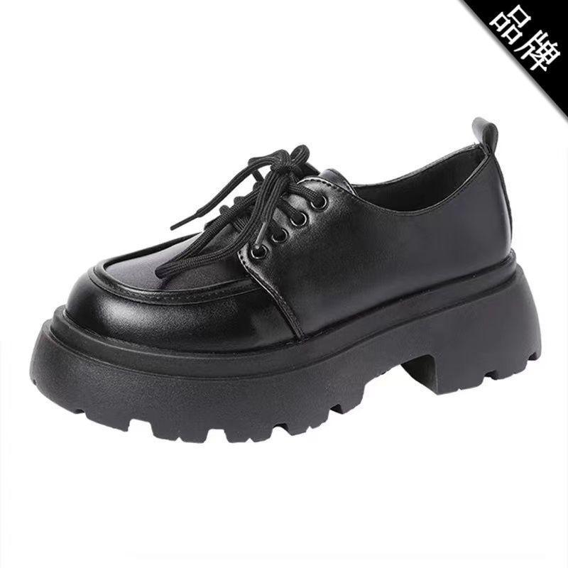 British Sponge Cake Style Thick Soled Jk Loafers Work Leather Shoes For Women Spring  New Lace Up Single Shoes