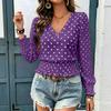 Women's Round Neck Long Sleeve Polka Dot Print Shirred Blouse Casual Top