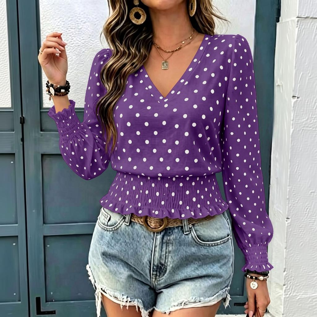 Women's Round Neck Long Sleeve Polka Dot Print Shirred Blouse Casual Top