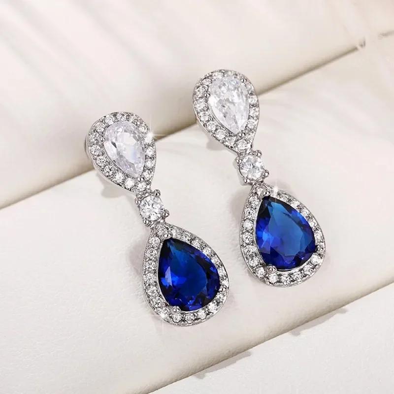 

2026 Elegant Blue Cubic Zirconia Drop Earrings for Women Luxury Wedding Anniversary Party Fashion Accessories Female Zircon