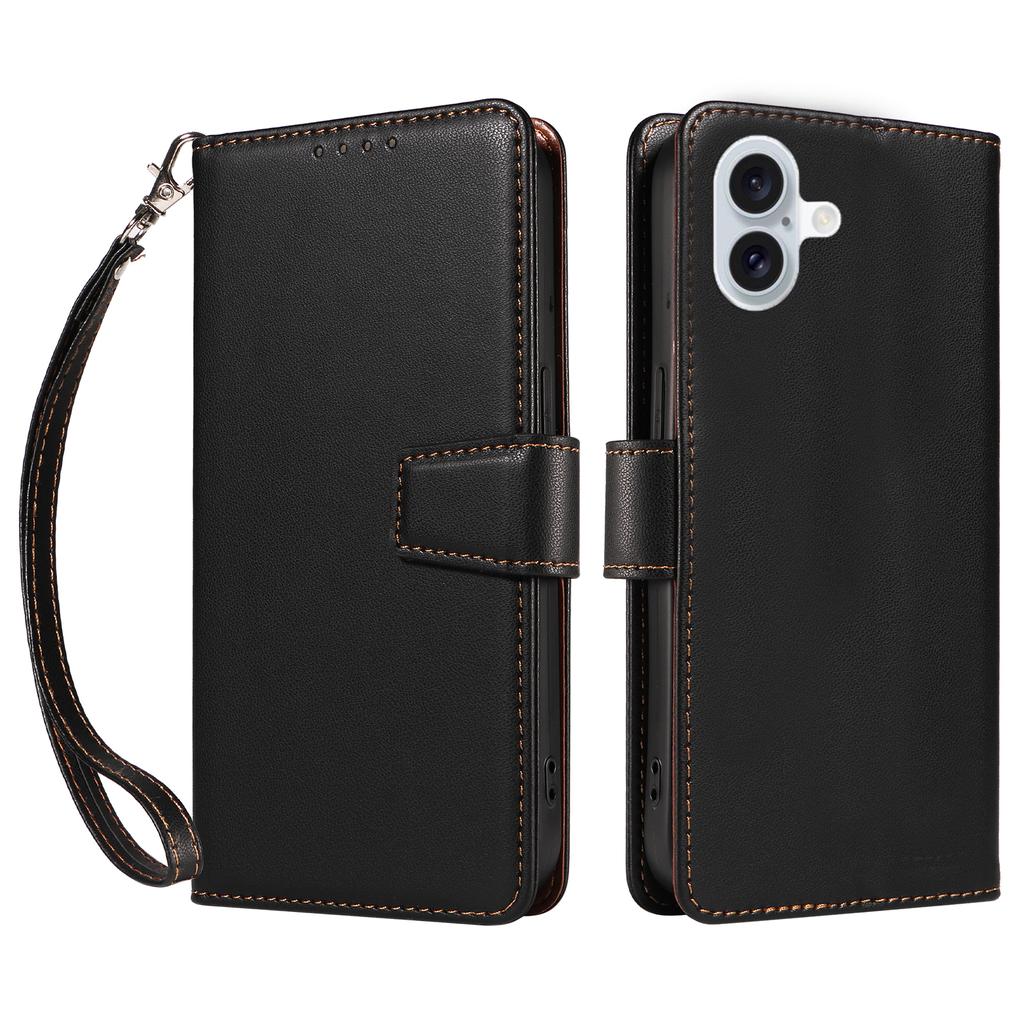 For iPhone 16 Plus Case RFID Blocking PU Leather Wallet Flip Phone Cover with Wrist Strap