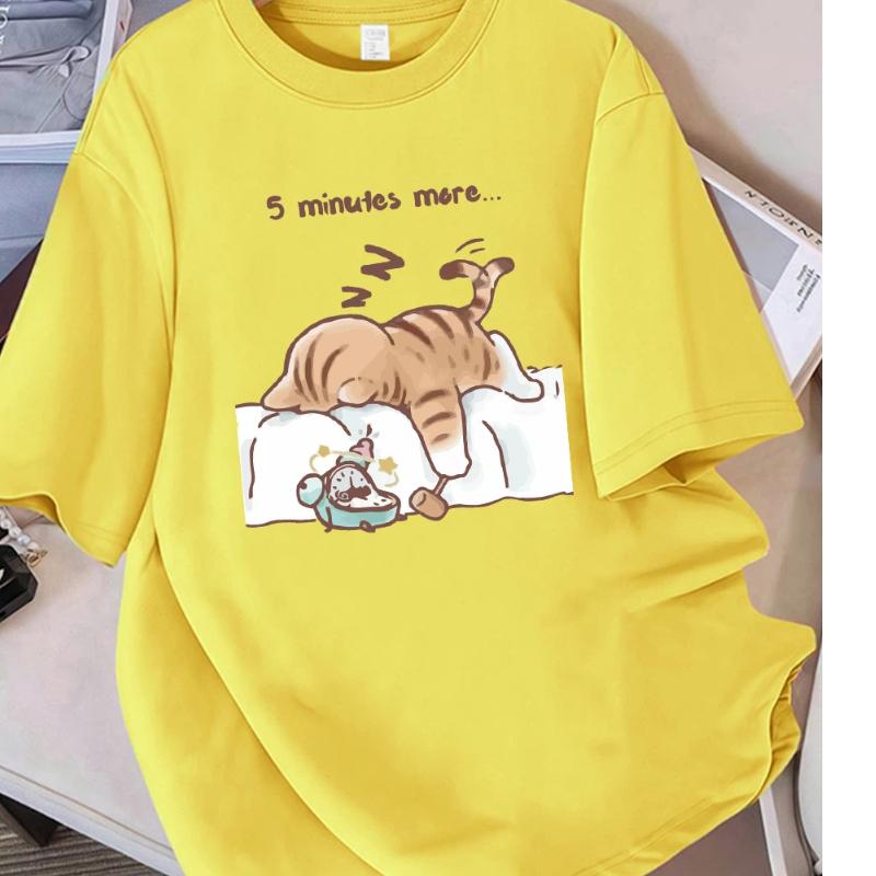 Women T-Shirt Cotton Summer The Cat That Always Wants To Sleep Pattern Prints T Shirt O-Neck Soft Loose Tops Basic Woman Clothes
