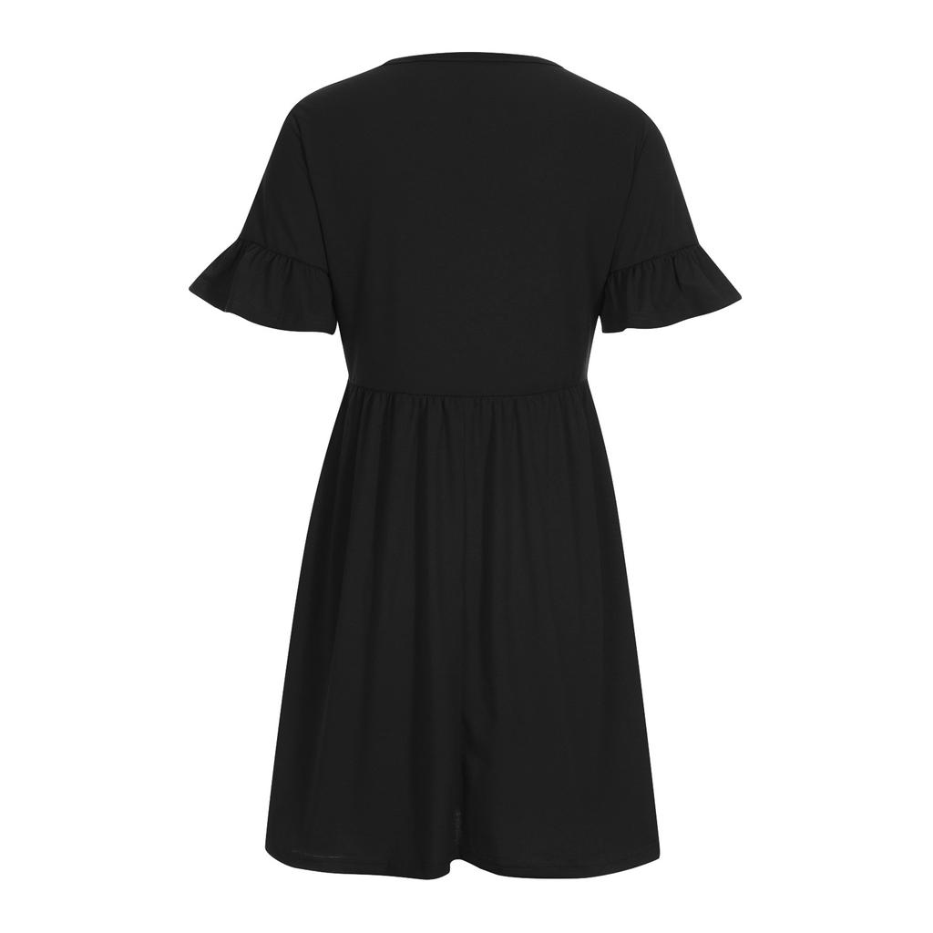 Women's Summer Casual Color Ruffle Short-sleeve O-neck Stitching Waist Big Swing A-line Dress