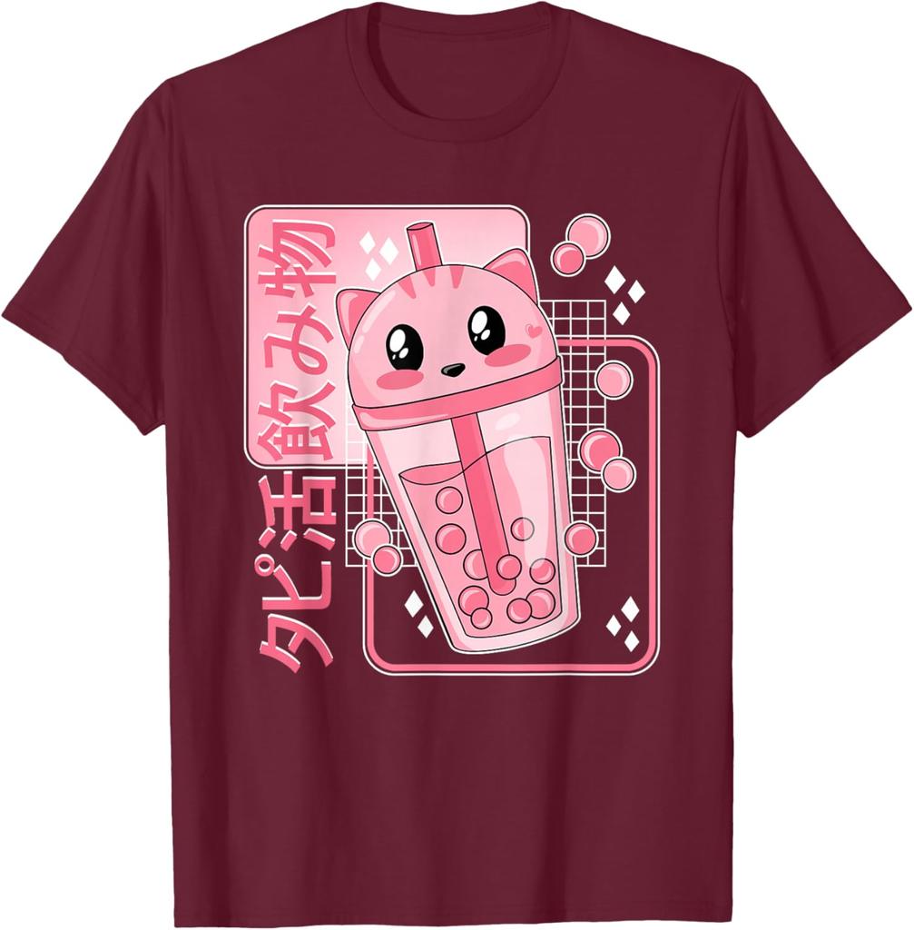 Kawaii Kočka Boba Čajový Nápoj Život Grafické Tričko Japonský Anime Styl Roztomilé Bubble Tea Tričko pro Dívky
