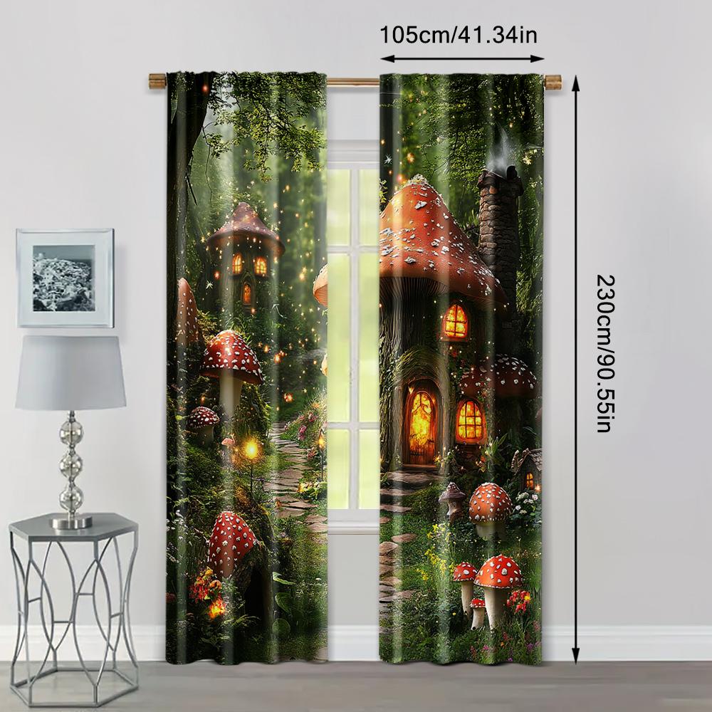 2pc, Drapes Forest Mushroom Wonderland Versatile Polyester Fabric,Without Electricity Party Decorations Use for Indoor