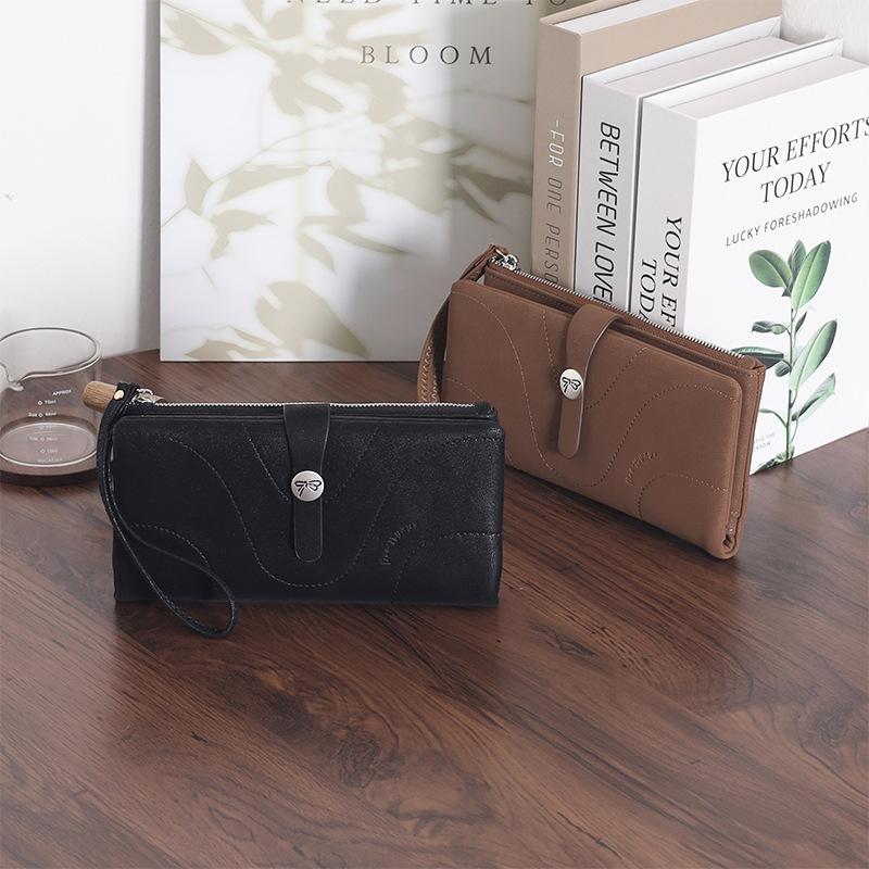 New women's long wallet, two fold, simple buckle solid color multi card handheld phone bag, zipper portable