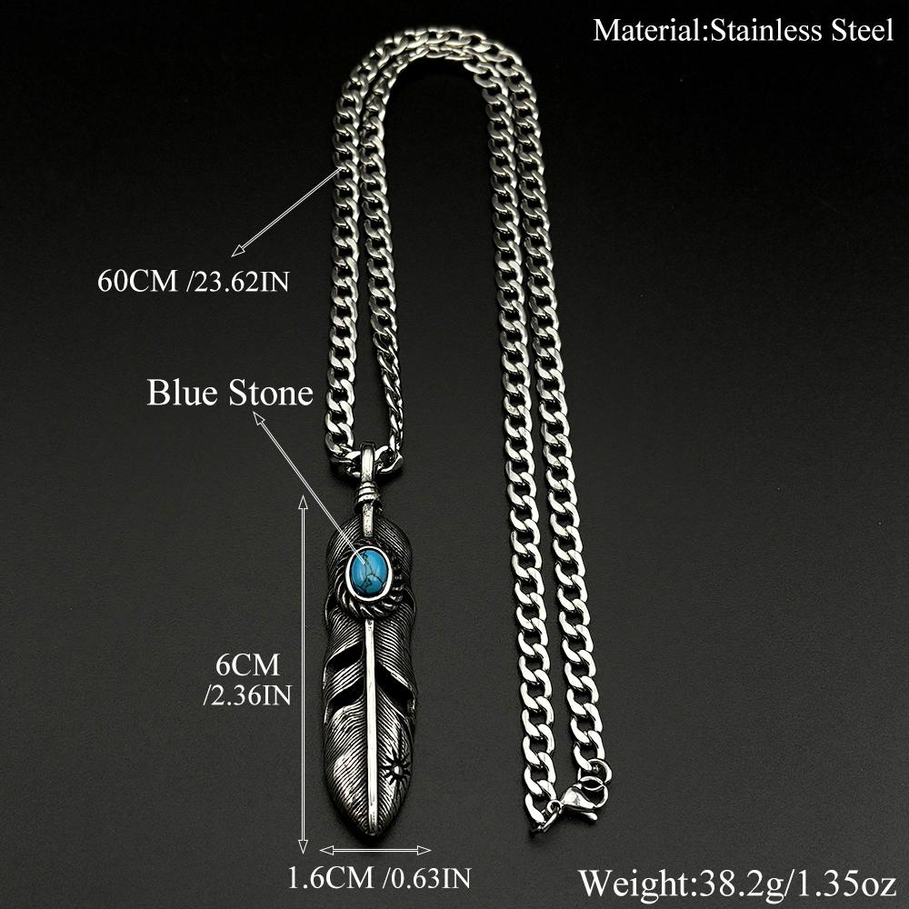 Collana Pendente con Piume Turchesi Stile Boho Vintage per Donne Uomini Catena in Acciaio Inossidabile Colore Argento Amuleto Gioielli in Pietra Naturale