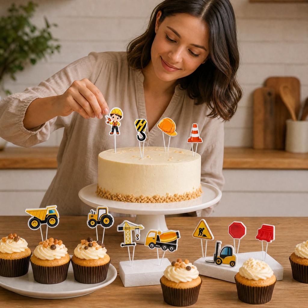 Construction Vehicle - Excavator & Truck Picks, 12 Pack for Construction Birthday Party Decorations
