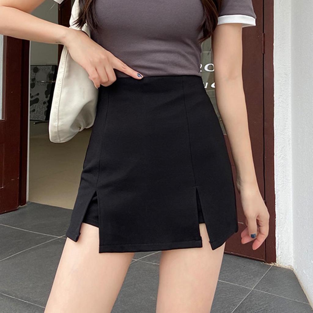 Women's Summer 2023 Black A-Line Slit Skirt: Campus-Chic Slim Fit