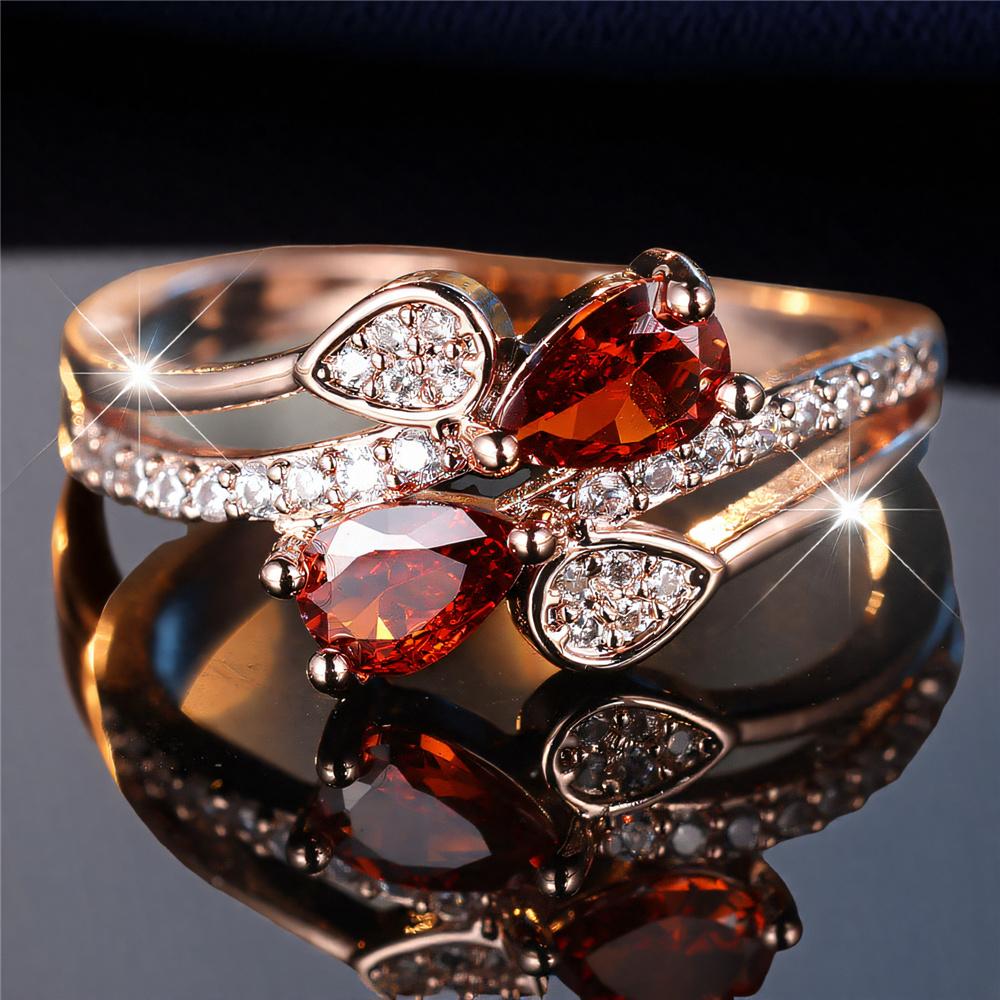Cute Female Rose Red Zircon Stone Ring Gold Color Engagement Charm Wedding  For Women