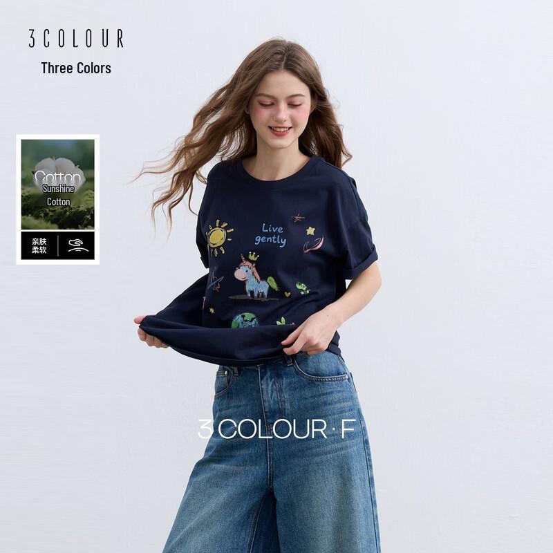 Женская хлопковая футболка SanCai с мультяшным принтом, свободная, с коротким рукавом M темно-синий