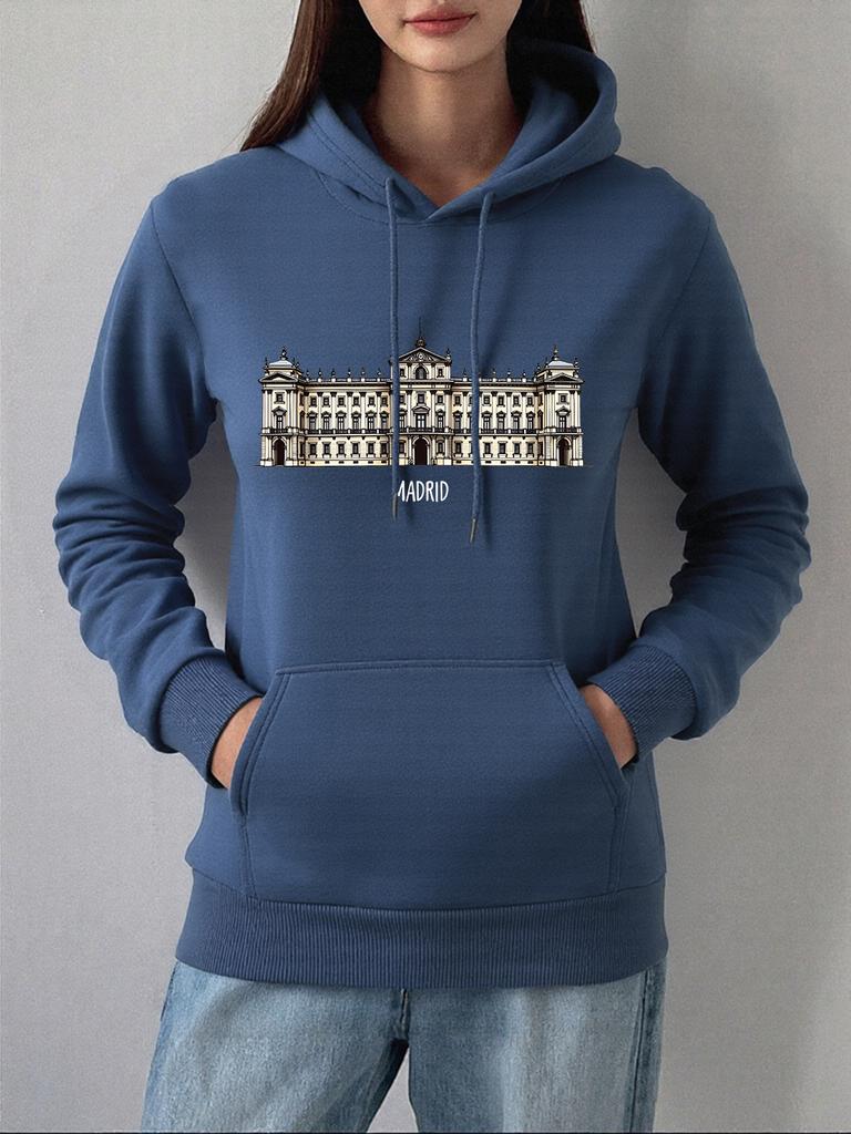 Royal Palace Of Madrid Printing Hoodies Women Winter Fleece Warm Sweatshirts Basics Pocket Pullovers Casual Loose Womans Clothes