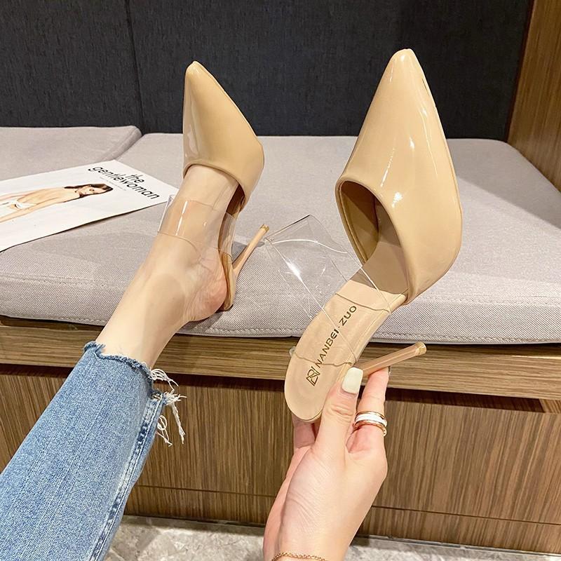 Large size slippers, new Korean version of high-heeled sandals, thin heels, one-word transparent with bag head and half-towed outer slippers