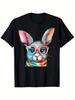 Easter Cool Bunny Glasses Scarf Graphic Tee Casual Cotton Crew Neck T-Shirt Daily Wear