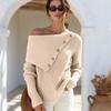 Women's Off Shoulder Long Sleeve Pullover Sweater with Loose Fit and Button
