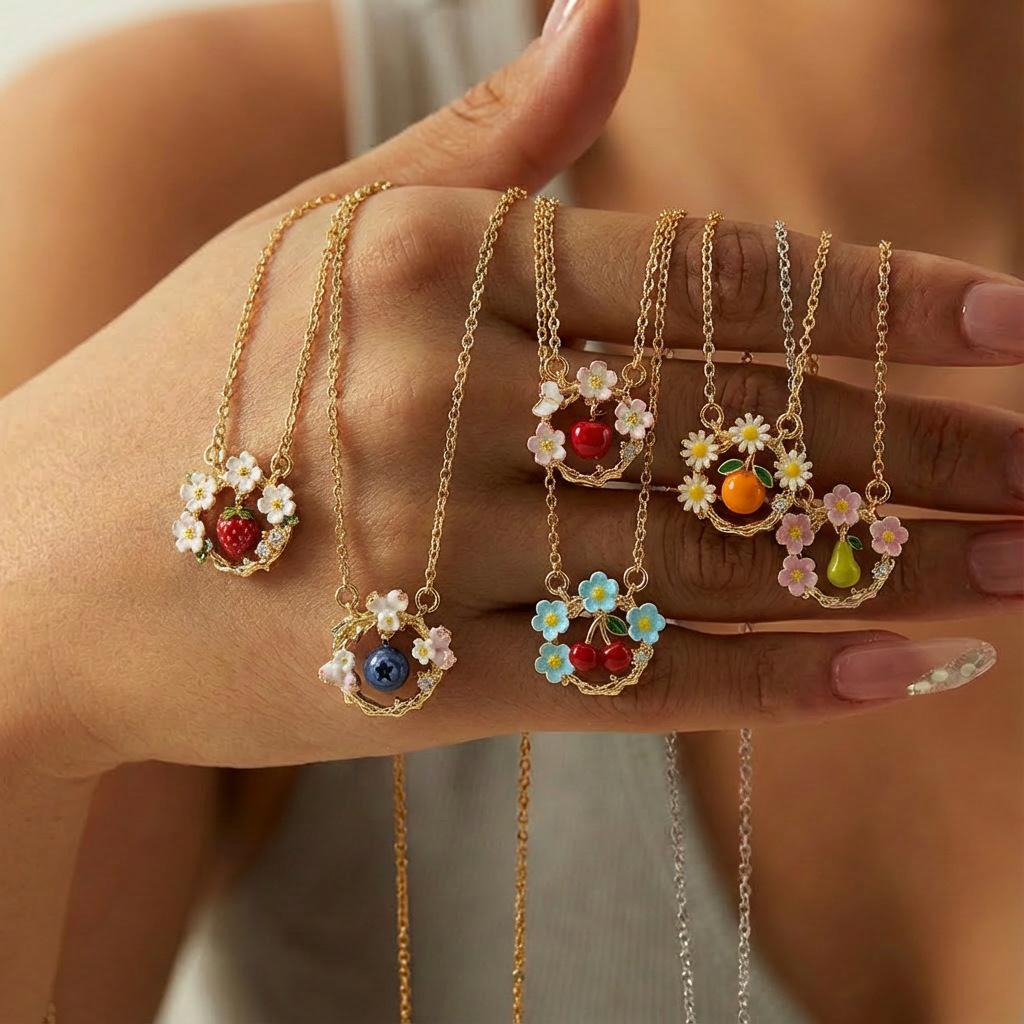Retro Color Small Daisy Flower Fruit Series Strawberry Cat Paw Pendant Necklace Color Dripping Oil