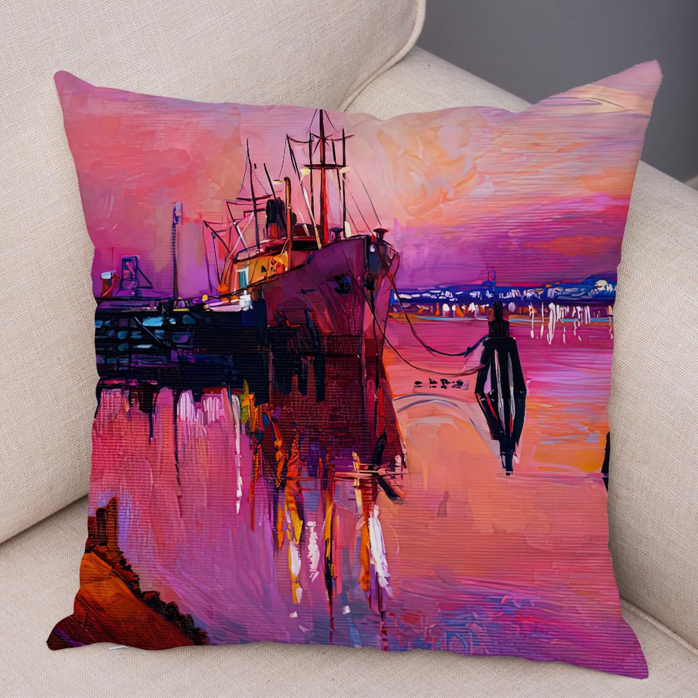 Federa Cuscino Stile Pittura ad Olio Paesaggio Colorato Barca Cavallo Stampa Floreale Lino Morbido Soggiorno Camera da Letto Casa Federa