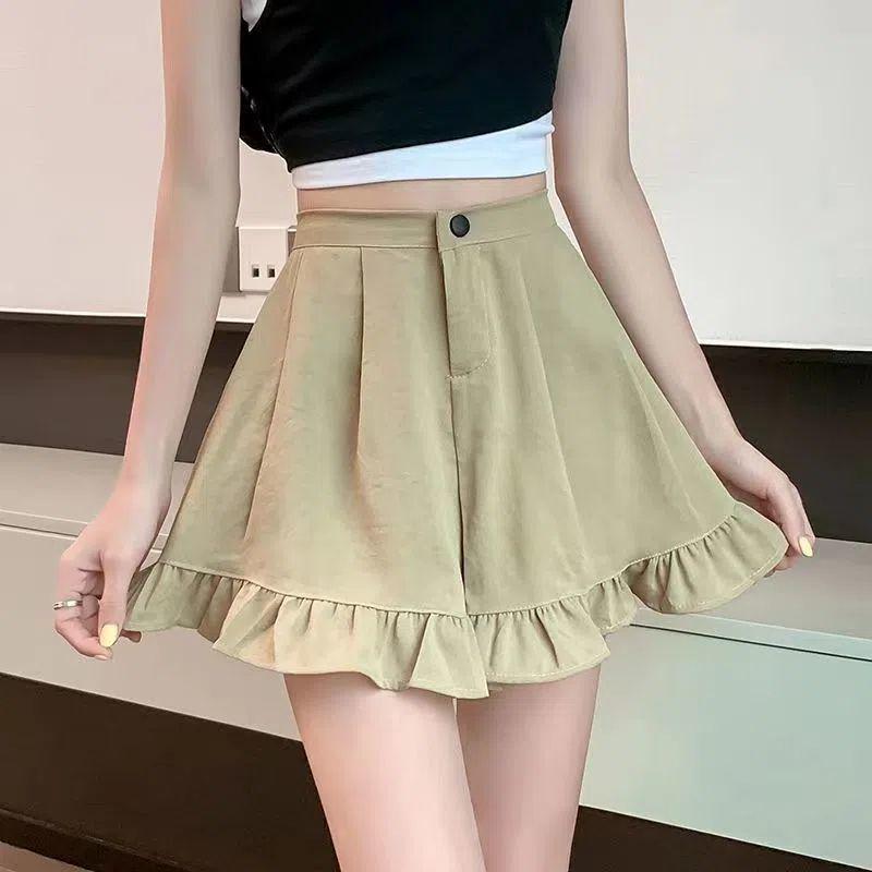 Women's Summer Khaki High-Waisted A-Line Pleated Wide-Leg Pants