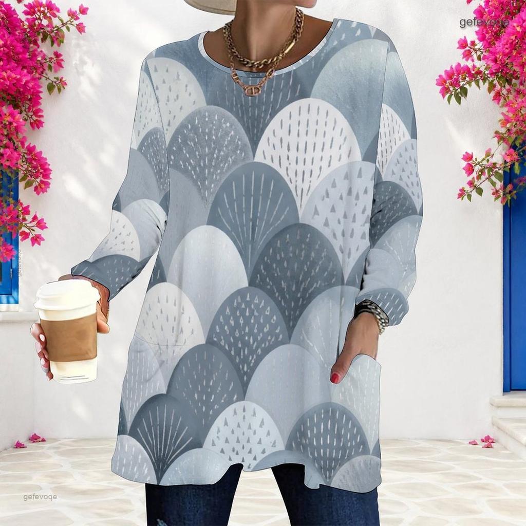 Women Plus Size Round Neck Long Sleeve Geometric Printed Loose Longline T Shirt With Pockets