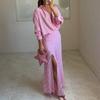 2026 Womens Elegant Striped Collar Shirt Split Hem Maxi Skirt Set - Lightweight Comfortable Office Casual Ensemble