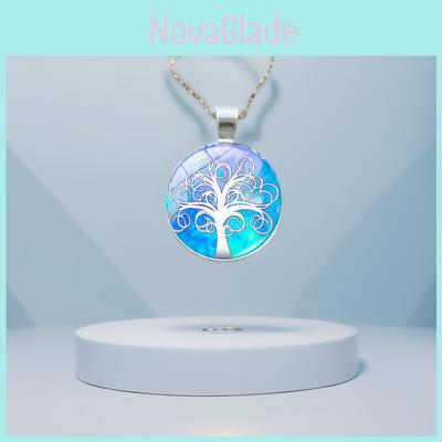 Elegant Tree Pattern Pendant Necklace In Vintage Silver Color With Classic Glass Cabochon
