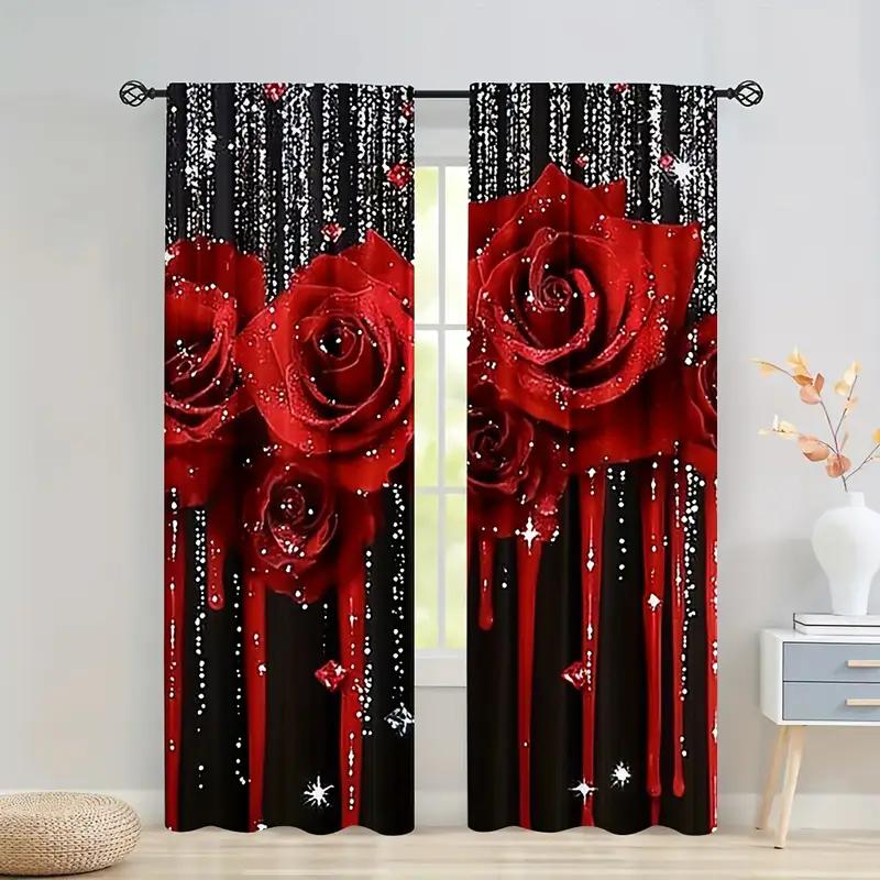 Black curtains with vibrant red roses and shiny star prints, bedroom and living room, home decoration, room decoration