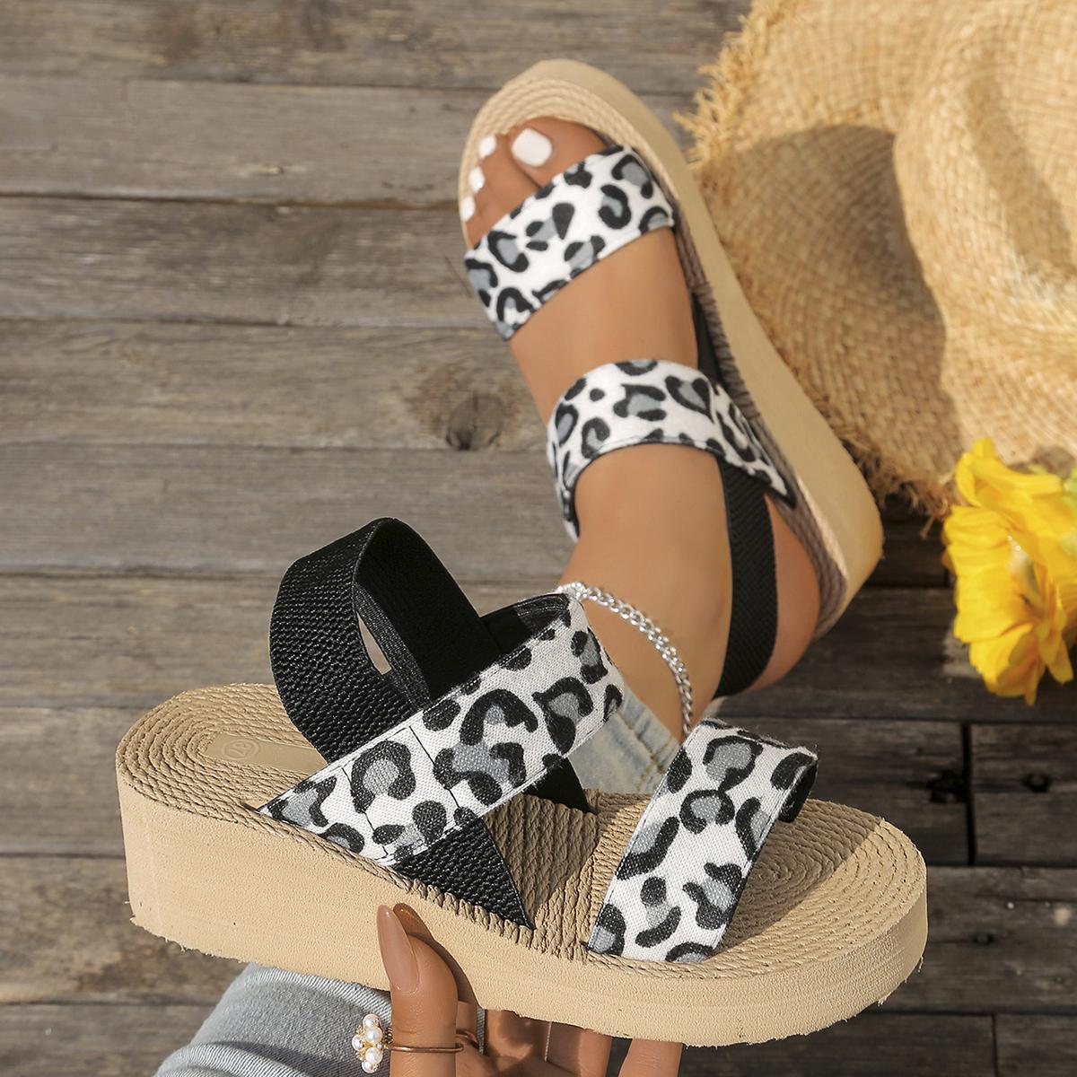 

Леопардовые сандалии на танкетке для женщин Лето 2025 Легкие Нескользящие Туфли для ходьбы Женские Удобные Сандалии на платформе 36 чёрный