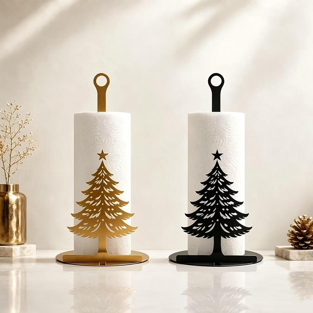 2D Flat Christmas Tree Iron Paper Towel Holder Kitchen Countertop Tissue Roll Stand Holiday Decoration