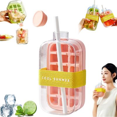 Dual-purpose Ice Cube Tray Water Bottle with Lid & Straw-Touchless Ice Cube Mold Tray Maker for Summer Outdoor Refreshing Drinks