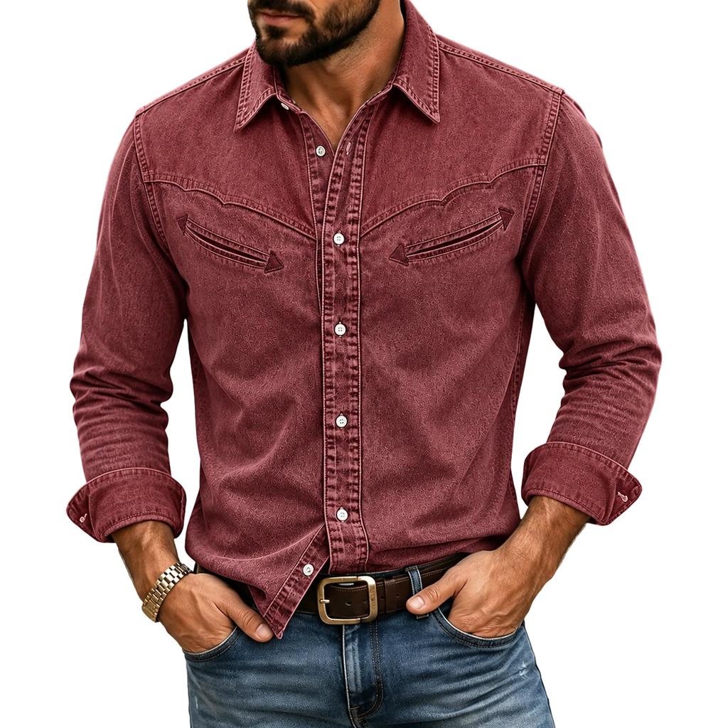 Men's Long Sleeve Denim Shirt with Distressed for Casual Wear