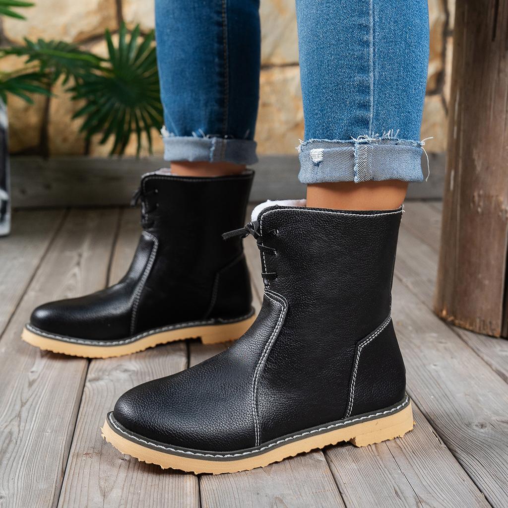 Shoes for Women Plus Size 36-43 Ankle Boots PU Leather Casual Lace Up Plush Warm Snow Boots Solid Color Platform Botas De Mujer