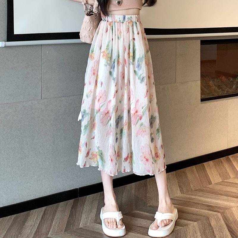 Floral Print Midi Skirt Women's Summer Elegant Stylish Split Hem Slimming High Waist A-Line Skirt