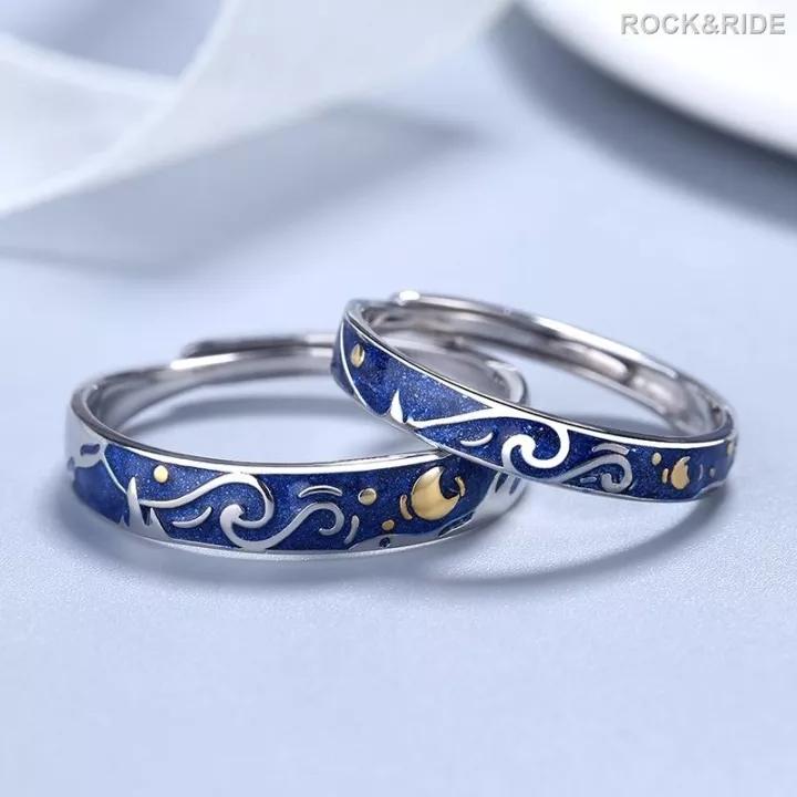 2 Pezzi Design Coppia Van Gogh Notte Stellata Anelli Aperti per Donne Uomini Amanti Eleganti Stelle Blu Luna Anello Regolabile Gioielli