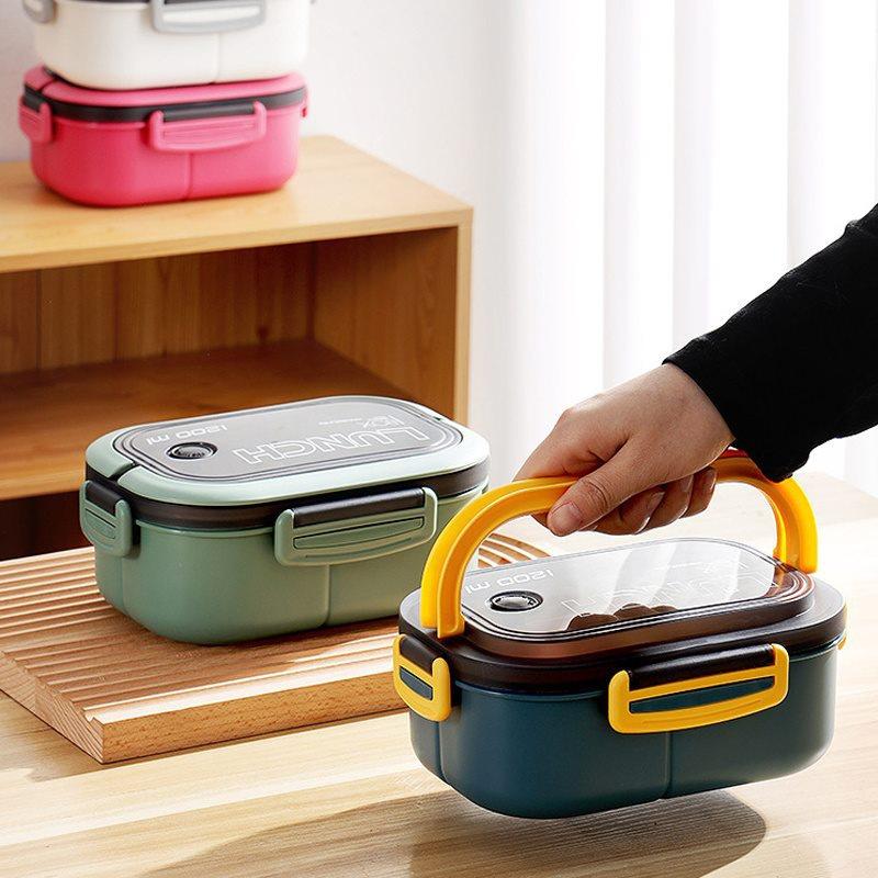 Tragbare Lunchbox, zweilagiges Gitter, auslaufsicher, mikrowellengeeignet, Bento-Box mit Gabel und Löffel