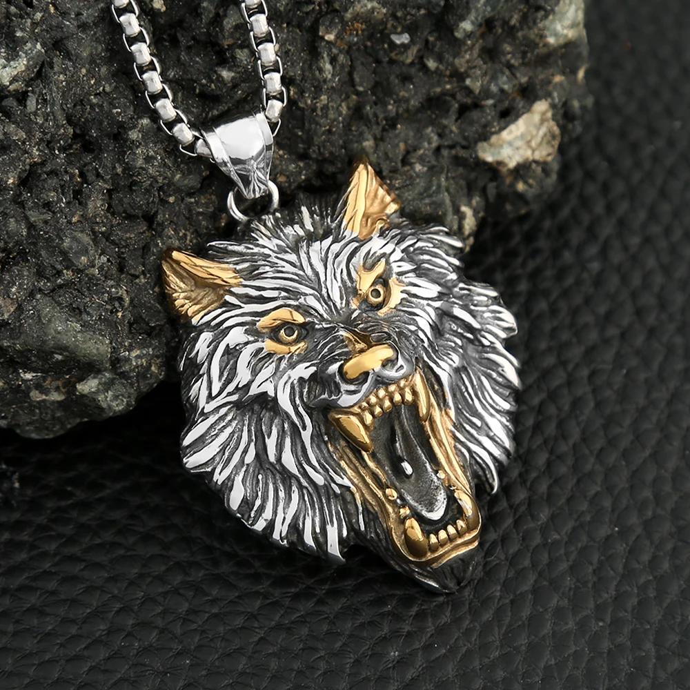 Punk Viking Wolf Head Pendant Necklace Gold Color Stainless Steel Odin Wolf Necklace Norse Mythology Jewelry Gifts Accessories