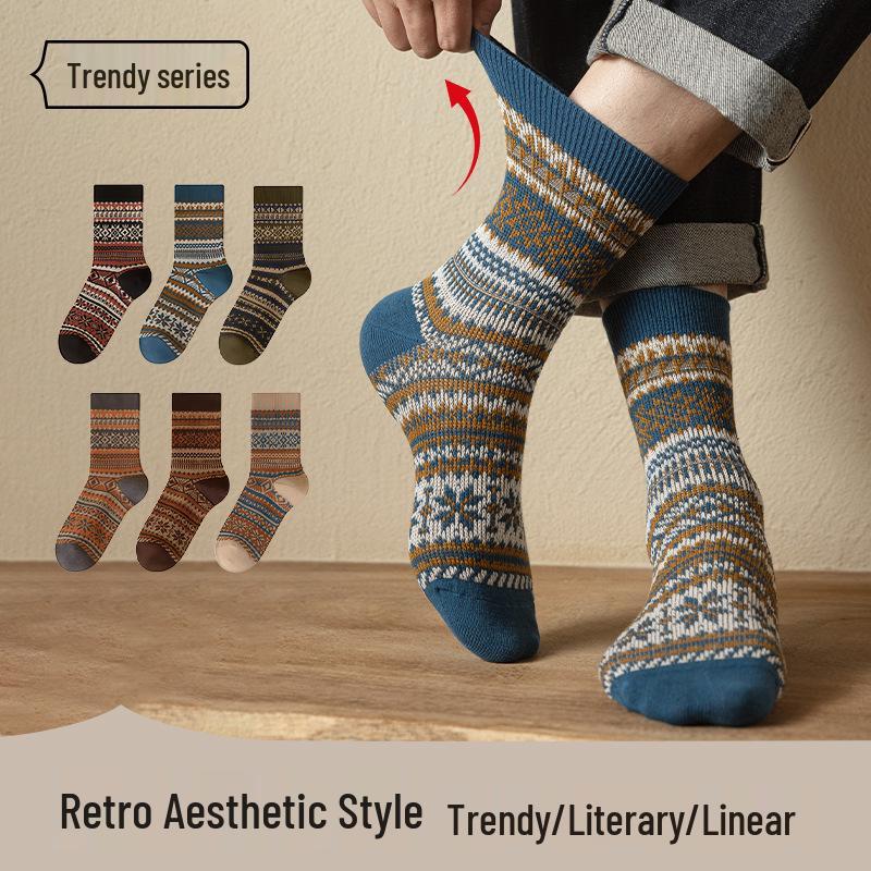 Herrensocken im Ethno-Stil, mittelhoch, doppelt gestrickt - Antibakteriell, Retro für Herbst/Winter