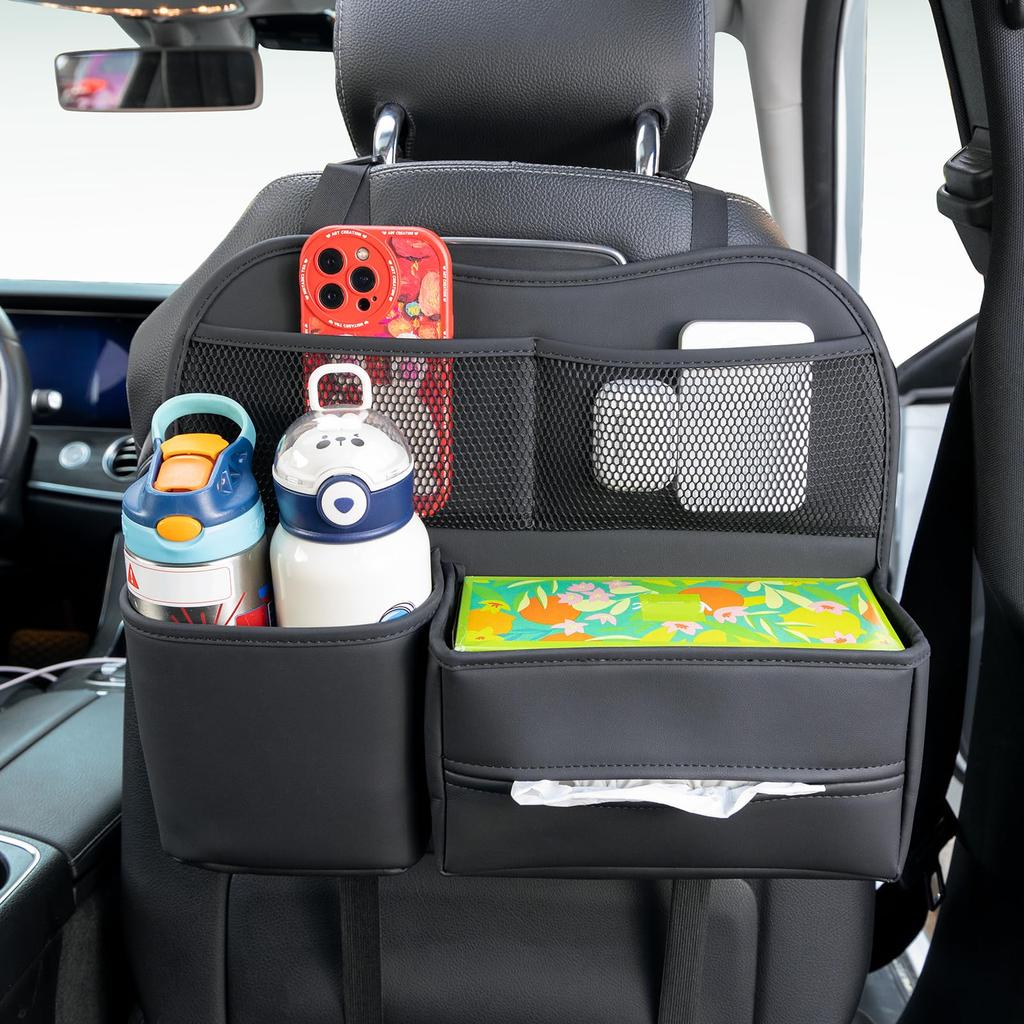 Sancaral Leather Car Seatback Pocket for Rear Includes Drink Tissue and Headrest Mountable for Travel Storage Seats, Holder, Box, Hooks, In-Car